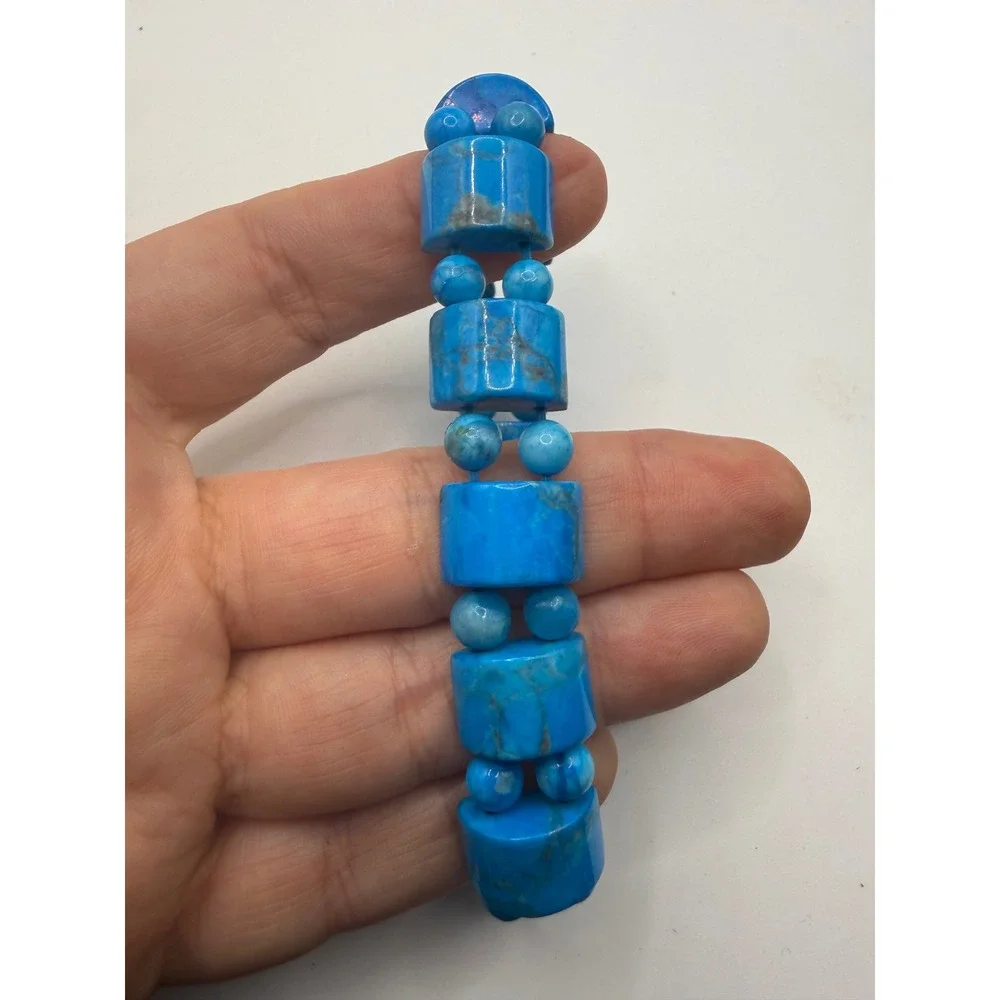 Blue Turquoise Stone Stretch Bracelet Block‎ Round Bead Southwestern Style